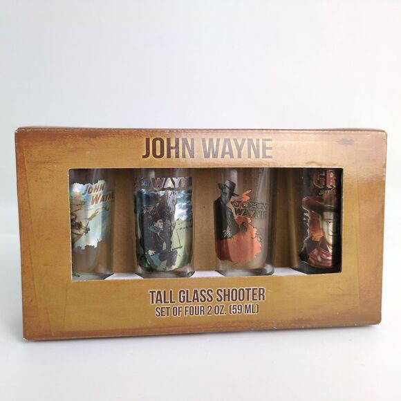 John Wayne 4 Piece Laser Decal Tall Glass Shooter Set NEW in Box Barware Shot - Picture 1 of 7